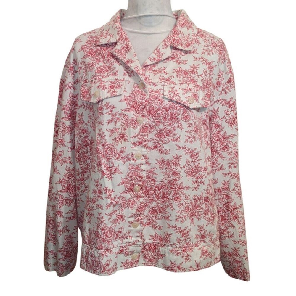 Vintage Red Toile Retro Floral Denim Long Sleeve Jacket 3X